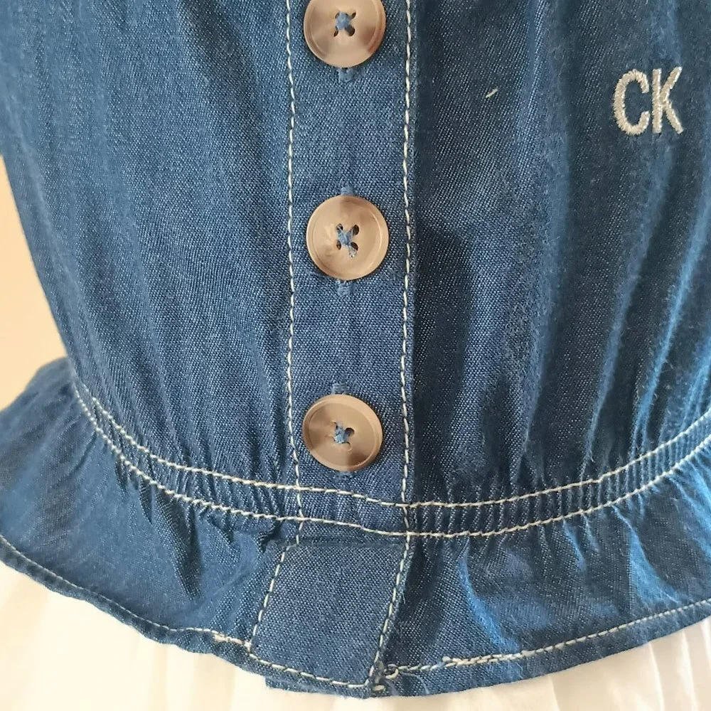 Calvin Klein Denim & Eyelet Peplum Dress 12M White Off Shoulder Peasant